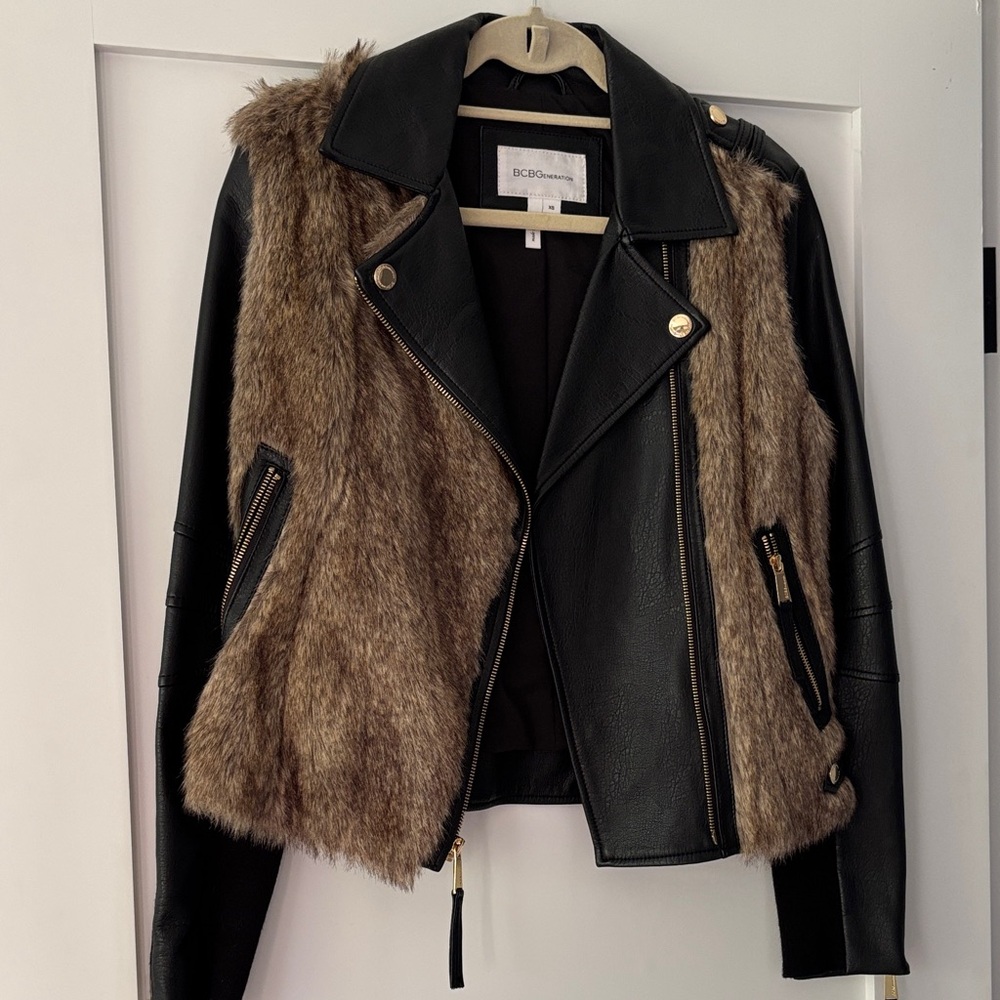 BCBGeneration Black Faux Leather Jacket with Brown Faux Fur